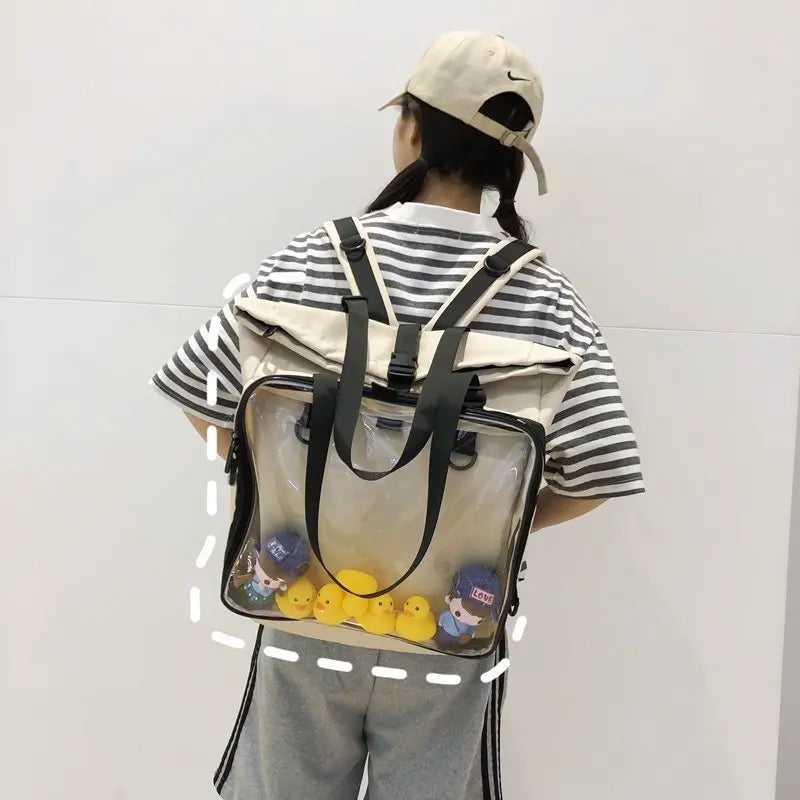 Mochila Feminina Estilo Ecobag Com Compartimento Transparente Alça Dupla